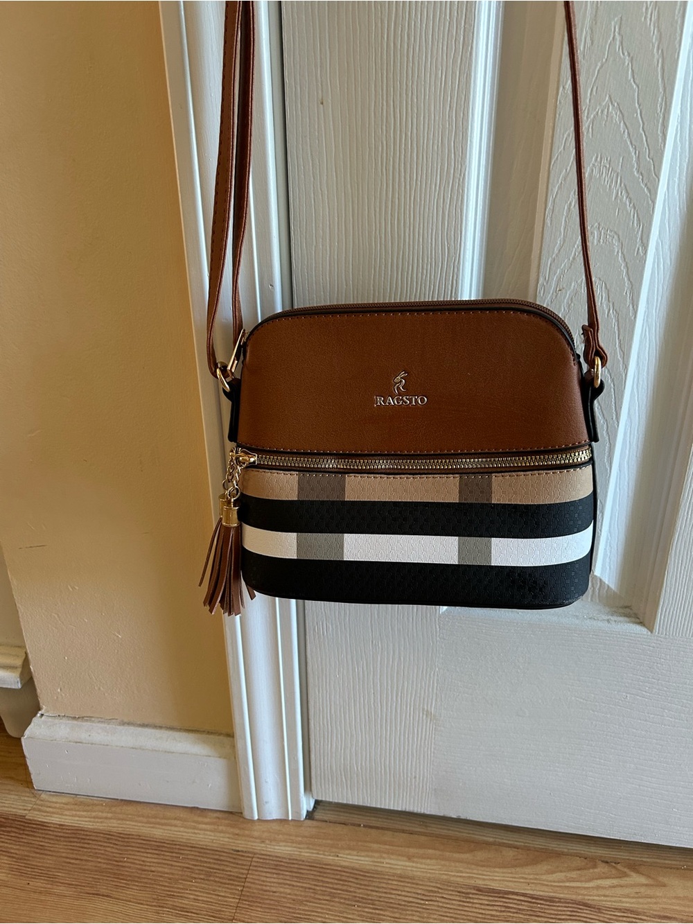 RAGSTO Brown/Black Plaid  Faux Leather Plaid Crossbody Bag